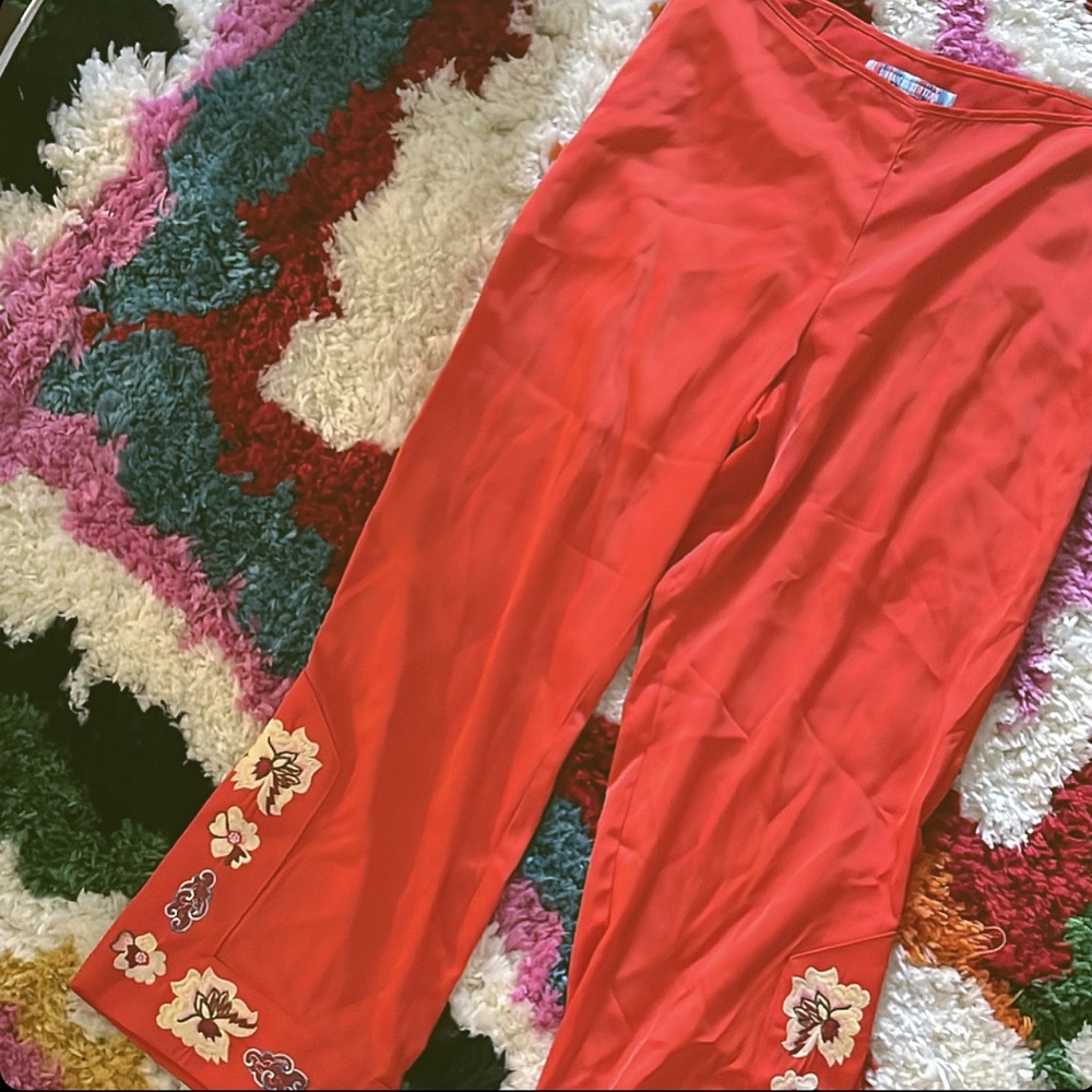• Urban Outfitters • Silky Red Embroidered Floral Tie Ankle Pants •